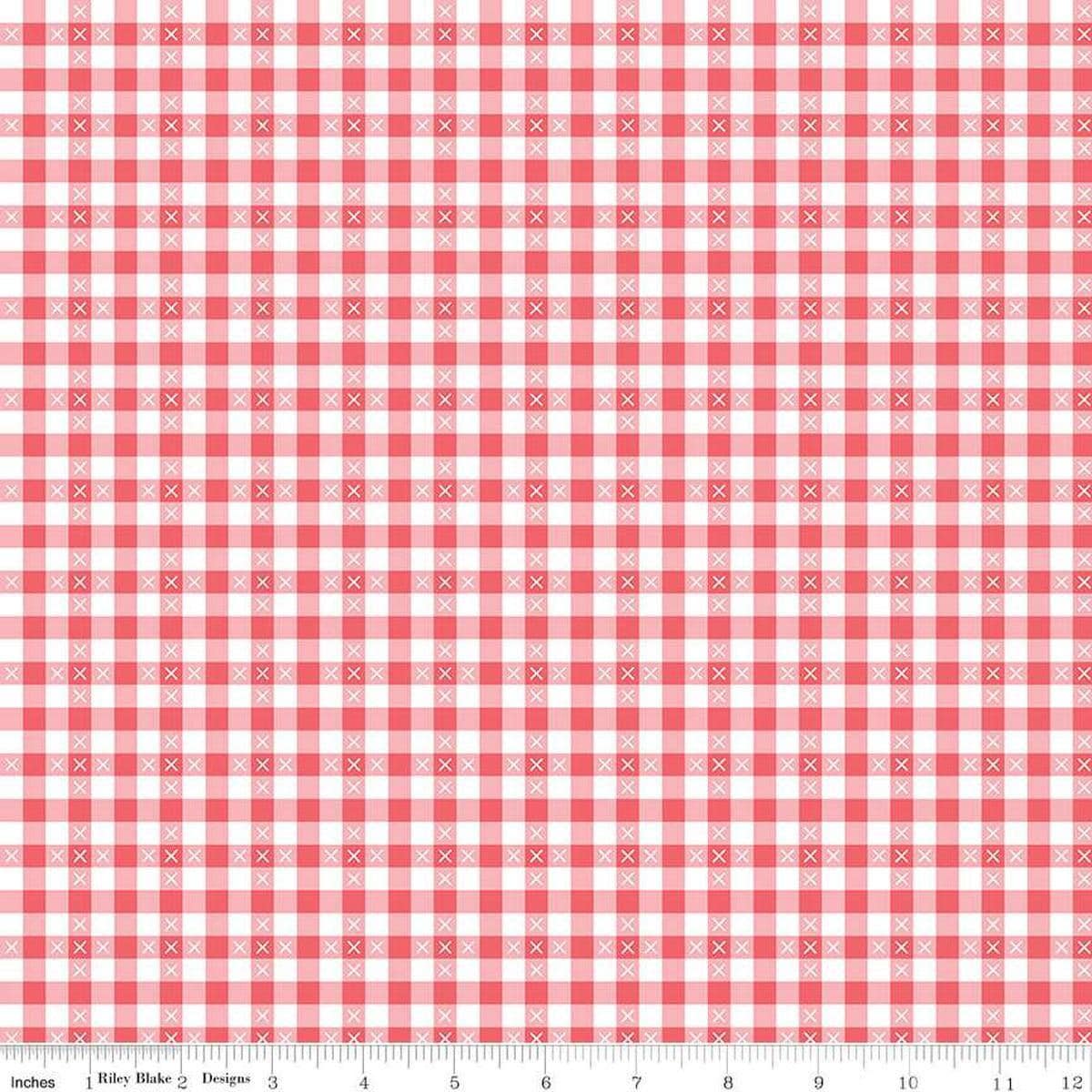 Image of the Summer Skies and Fireflies Gingham Tea Rose Quilting Cotton Fabric by Riley Blake Designs. Features gingham on a pink background. Cute Little Fabric Shop