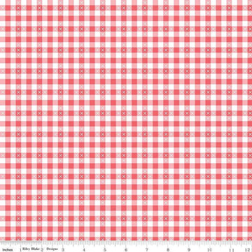 Image of the Summer Skies and Fireflies Gingham Tea Rose Quilting Cotton Fabric by Riley Blake Designs. Features gingham on a pink background. Cute Little Fabric Shop