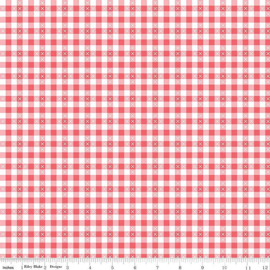 Image of the Summer Skies and Fireflies Gingham Tea Rose Quilting Cotton Fabric by Riley Blake Designs. Features gingham on a pink background. Cute Little Fabric Shop