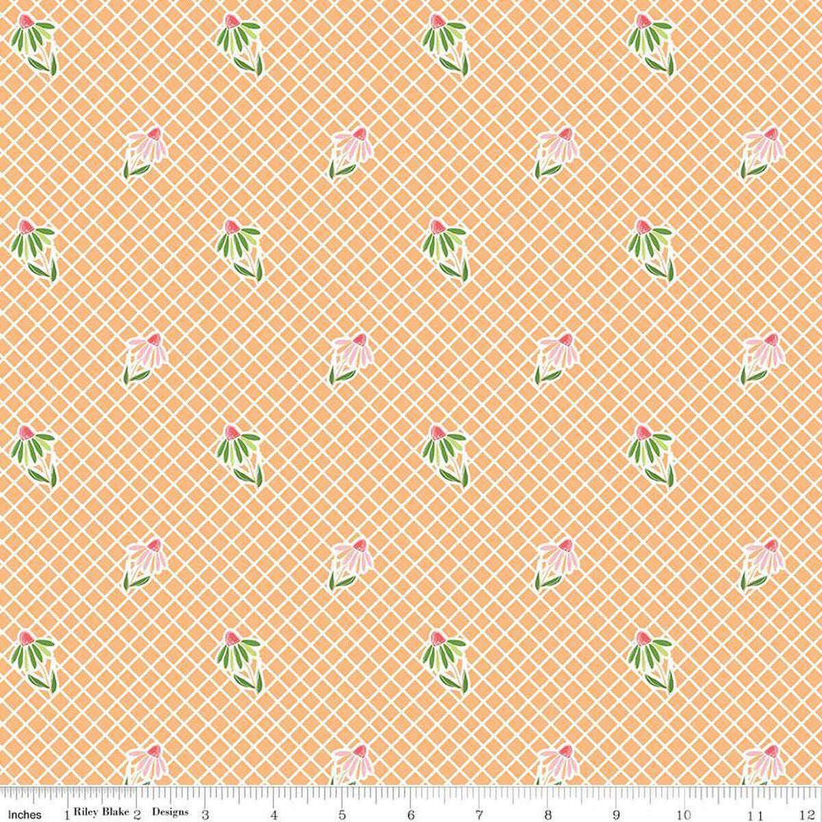 Image of the Summer Skies and Fireflies Cone Flowers Orange Quilting Cotton Fabric by Riley Blake Designs. Features grid lines on an orange background. Cute Little Fabric Shop