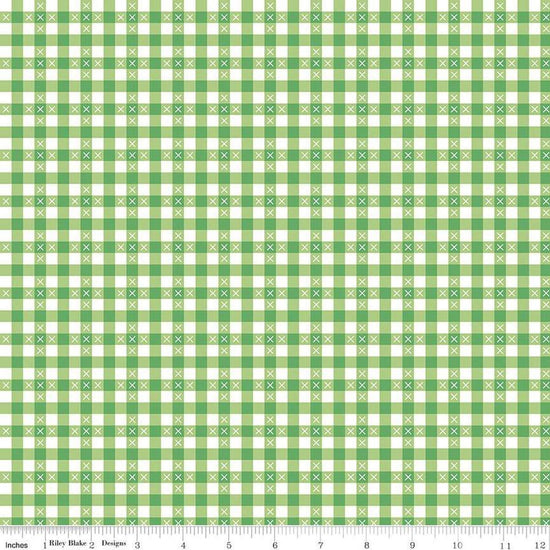 Image of the Summer Skies and Fireflies Gingham Green Quilting Cotton Fabric by Riley Blake Designs. Features gingham on a green background. Cute Little Fabric Shop