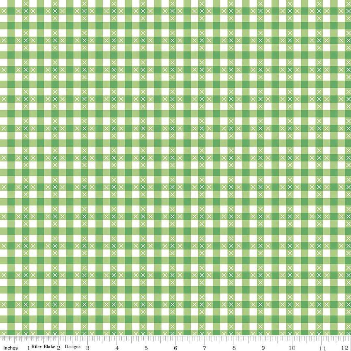 Image of the Summer Skies and Fireflies Gingham Green Quilting Cotton Fabric by Riley Blake Designs. Features gingham on a green background. Cute Little Fabric Shop