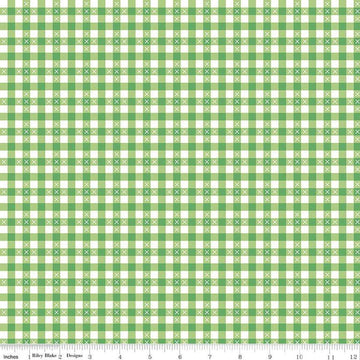 Image of the Summer Skies and Fireflies Gingham Green Quilting Cotton Fabric by Riley Blake Designs. Features gingham on a green background. Cute Little Fabric Shop