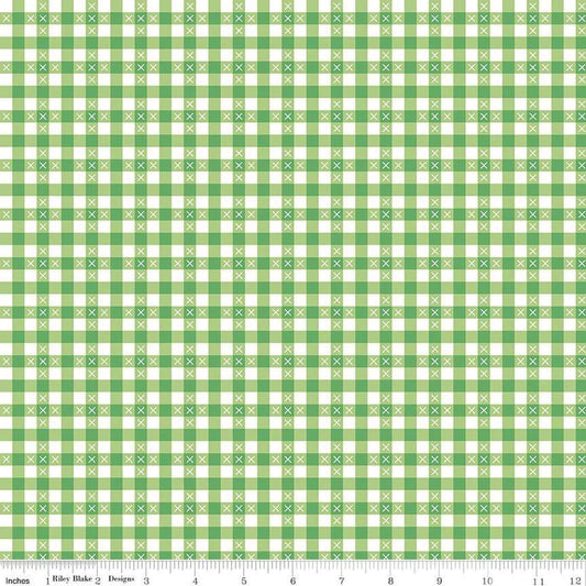 Image of the Summer Skies and Fireflies Gingham Green Quilting Cotton Fabric by Riley Blake Designs. Features gingham on a green background. Cute Little Fabric Shop