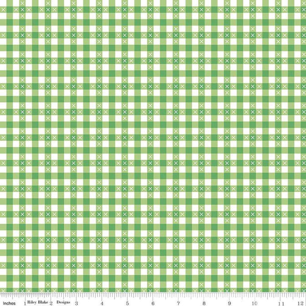 Image of the Summer Skies and Fireflies Gingham Green Quilting Cotton Fabric by Riley Blake Designs. Features gingham on a green background. Cute Little Fabric Shop