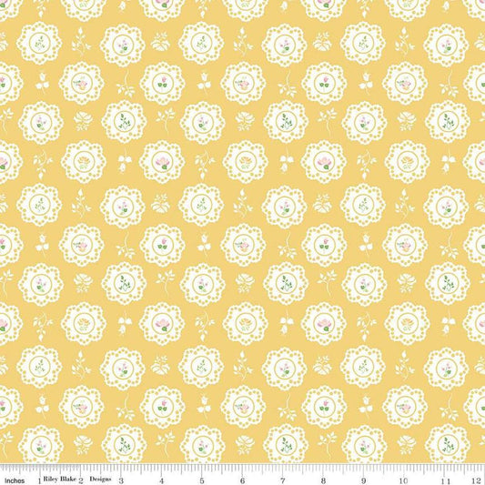 Image of the Summer Skies and Fireflies Doilies Yellow Quilting Cotton Fabric by Riley Blake Designs. Features flowers on a yellow background. Cute Little Fabric Shop