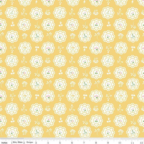 Image of the Summer Skies and Fireflies Doilies Yellow Quilting Cotton Fabric by Riley Blake Designs. Features flowers on a yellow background. Cute Little Fabric Shop