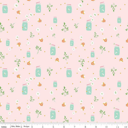 Image of the Summer Skies and Fireflies Fireflies Pink Quilting Cotton Fabric by Riley Blake Designs. Features fireflies on a pink background. Cute Little Fabric Shop