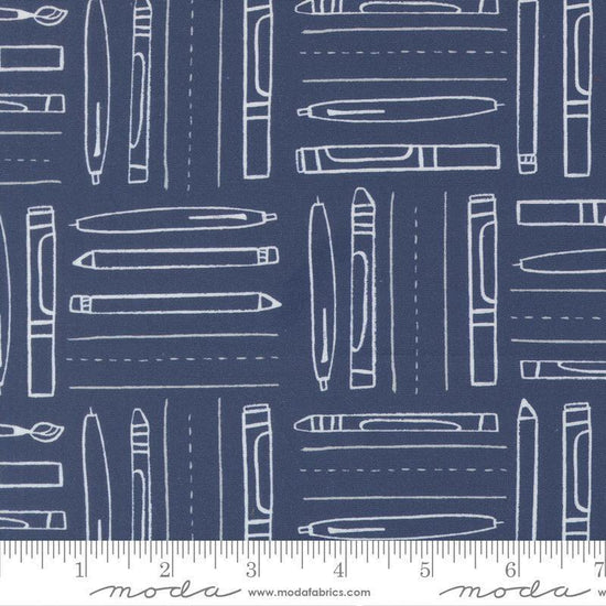 Image of the For My Boys Henry Utensils Navy quilting cotton fabric by Amy Schelle for Moda Fabrics. Features writing utensils on a blue background. Cute Little Fabric Shop.