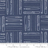 Image of the For My Boys Henry Utensils Navy quilting cotton fabric by Amy Schelle for Moda Fabrics. Features writing utensils on a blue background. Cute Little Fabric Shop.