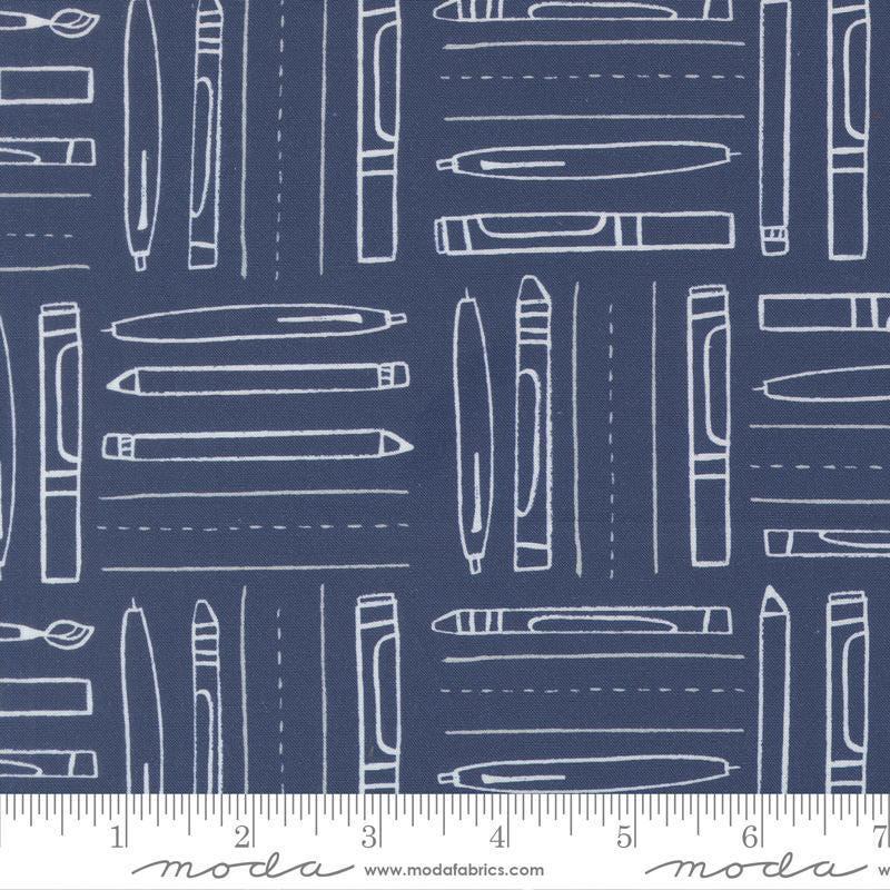 Image of the For My Boys Henry Utensils Navy quilting cotton fabric by Amy Schelle for Moda Fabrics. Features writing utensils on a blue background. Cute Little Fabric Shop.