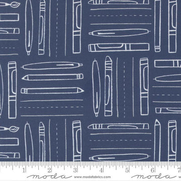 Image of the For My Boys Henry Utensils Navy quilting cotton fabric by Amy Schelle for Moda Fabrics. Features writing utensils on a blue background. Cute Little Fabric Shop.