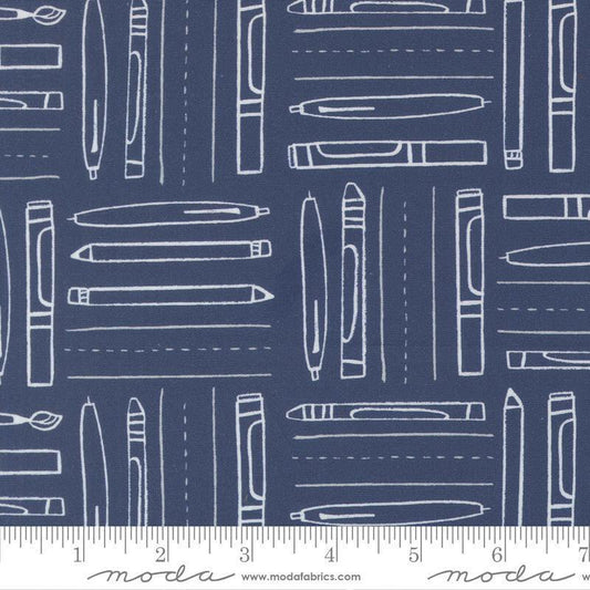 Image of the For My Boys Henry Utensils Navy quilting cotton fabric by Amy Schelle for Moda Fabrics. Features writing utensils on a blue background. Cute Little Fabric Shop.