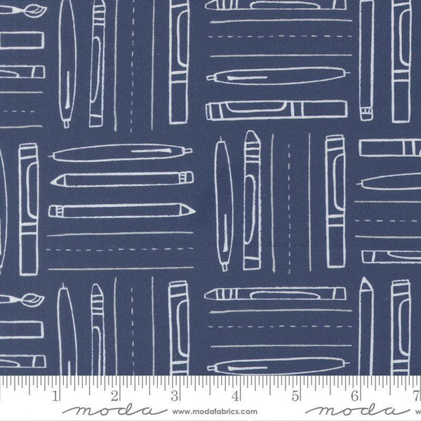 Image of the For My Boys Henry Utensils Navy quilting cotton fabric by Amy Schelle for Moda Fabrics. Features writing utensils on a blue background. Cute Little Fabric Shop.
