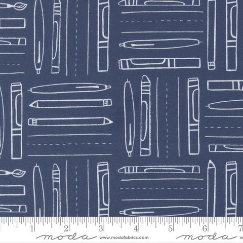 Image of the For My Boys Henry Utensils Navy quilting cotton fabric by Amy Schelle for Moda Fabrics. Features writing utensils on a blue background. Cute Little Fabric Shop.