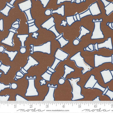Image of the For My Boys Henry Checkmate Coco quilting cotton fabric by Amy Schelle for Moda Fabrics. Features chess pieces on a brown background. Cute Little Fabric Shop.