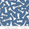 Image of the For My Boys Henry Checkmate Royal quilting cotton fabric by Amy Schelle for Moda Fabrics. Features chess pieces on a blue background. Cute Little Fabric Shop.