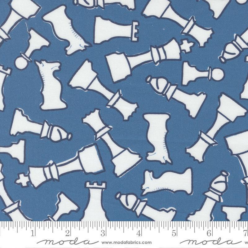 Image of the For My Boys Henry Checkmate Royal quilting cotton fabric by Amy Schelle for Moda Fabrics. Features chess pieces on a blue background. Cute Little Fabric Shop.