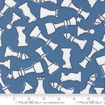 Image of the For My Boys Henry Checkmate Royal quilting cotton fabric by Amy Schelle for Moda Fabrics. Features chess pieces on a blue background. Cute Little Fabric Shop.