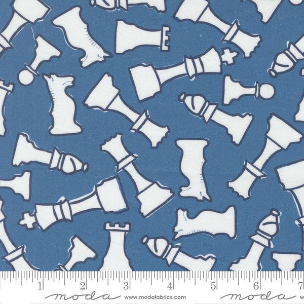 Image of the For My Boys Henry Checkmate Royal quilting cotton fabric by Amy Schelle for Moda Fabrics. Features chess pieces on a blue background. Cute Little Fabric Shop.