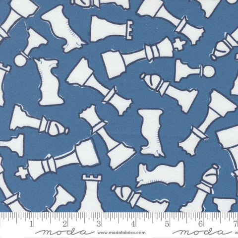 Image of the For My Boys Henry Checkmate Royal quilting cotton fabric by Amy Schelle for Moda Fabrics. Features chess pieces on a blue background. Cute Little Fabric Shop.