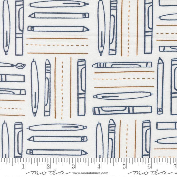 Image of the For My Boys Henry Utensils Cream quilting cotton fabric by Amy Schelle for Moda Fabrics. Features writing utensils on a white background. Cute Little Fabric Shop.