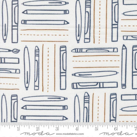 Image of the For My Boys Henry Utensils Cream quilting cotton fabric by Amy Schelle for Moda Fabrics. Features writing utensils on a white background. Cute Little Fabric Shop.