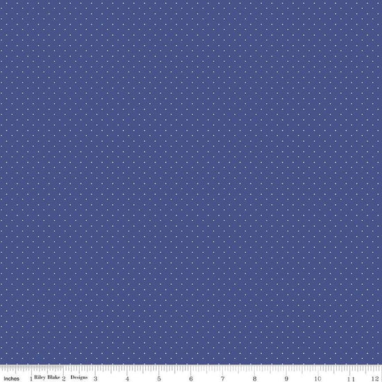 Image of the American Jane Pindots Marine quilting cotton fabric by American Jane for Riley Blake Designs. Features tiny dots on a blue background. Cute Little Fabric Shop