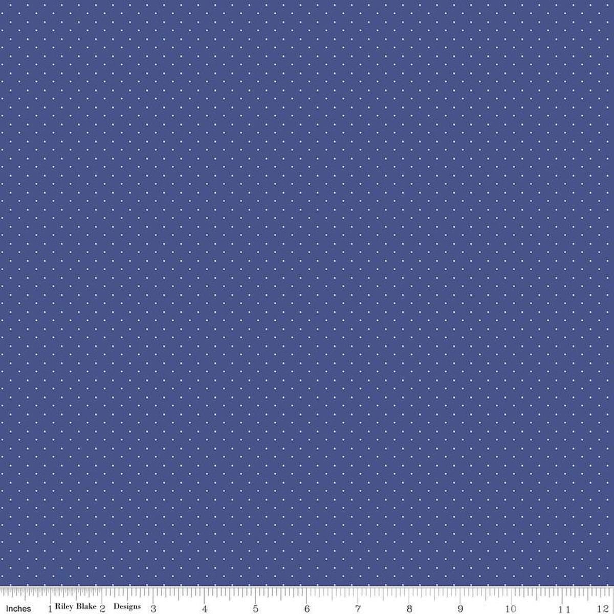 Image of the American Jane Pindots Marine quilting cotton fabric by American Jane for Riley Blake Designs. Features tiny dots on a blue background. Cute Little Fabric Shop