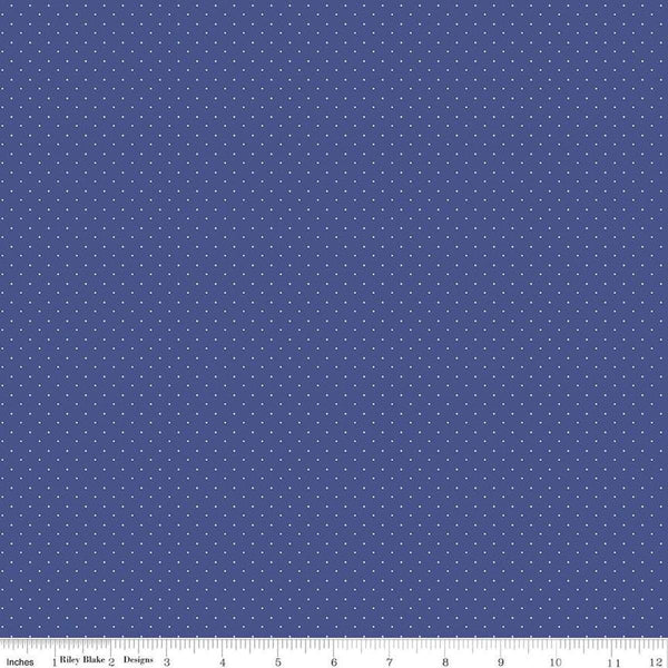 Image of the American Jane Pindots Marine quilting cotton fabric by American Jane for Riley Blake Designs. Features tiny dots on a blue background. Cute Little Fabric Shop