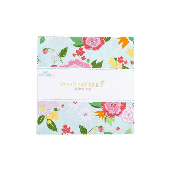 SALE Summer Skies and Fireflies Charm Pack 5" Stacker Bundle - Riley Blake - 42 piece Precut Pre cut - Floral - Quilting Cotton Fabric
