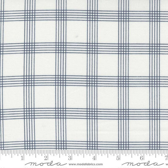Image of the Nantucket Summer Checks Cream Navy quilting cotton fabric by Camille Roskelley for Moda Fabrics. Features plaid on a gray background. Cute Little Fabric Shop