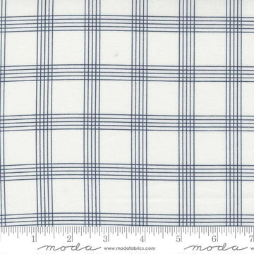 Image of the Nantucket Summer Checks Cream Navy quilting cotton fabric by Camille Roskelley for Moda Fabrics. Features plaid on a gray background. Cute Little Fabric Shop