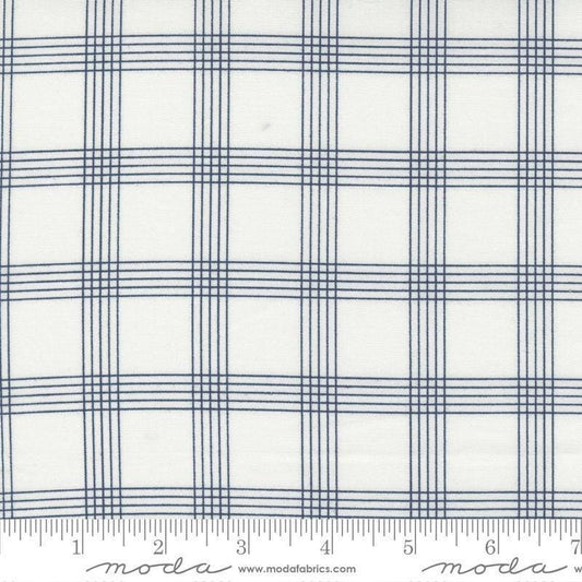 Image of the Nantucket Summer Checks Cream Navy quilting cotton fabric by Camille Roskelley for Moda Fabrics. Features plaid on a gray background. Cute Little Fabric Shop