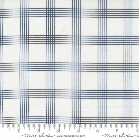 Image of the Nantucket Summer Checks Cream Navy quilting cotton fabric by Camille Roskelley for Moda Fabrics. Features plaid on a gray background. Cute Little Fabric Shop