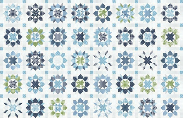 Image of the Nantucket Summer Quilt Blocks Panel Multi quilting cotton fabric by Camille Roskelley for Moda Fabrics. Features flowers on a white background. Cute Little Fabric Shop