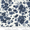 Image of the Nantucket Summer Florals Cream Navy quilting cotton fabric by Camille Roskelley for Moda Fabrics. Features florals on a white background. Cute Little Fabric Shop