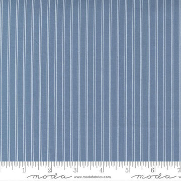 Image of the Nantucket Summer Stripes Lake quilting cotton fabric by Camille Roskelley for Moda Fabrics. Features stripes on a blue background. Cute Little Fabric Shop