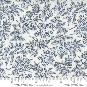 Image of the Nantucket Summer Dots Cream Navy quilting cotton fabric by Camille Roskelley for Moda Fabrics. Features flowers on a gray background. Cute Little Fabric Shop