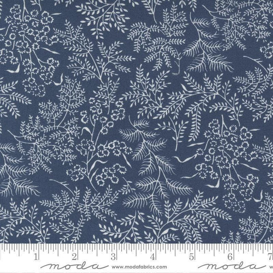 Image of the Nantucket Summer Dots Navy quilting cotton fabric by Camille Roskelley for Moda Fabrics. Features flowers on a blue background. Cute Little Fabric Shop