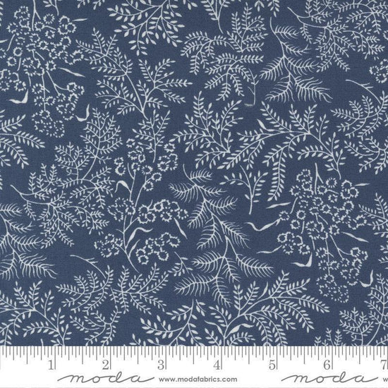 Image of the Nantucket Summer Dots Navy quilting cotton fabric by Camille Roskelley for Moda Fabrics. Features flowers on a blue background. Cute Little Fabric Shop