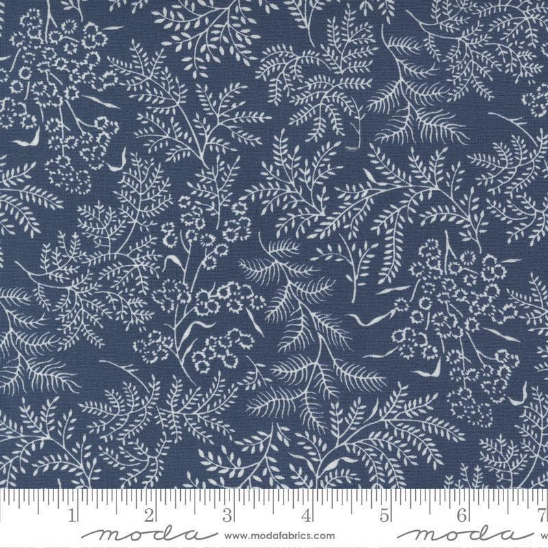 Image of the Nantucket Summer Dots Navy quilting cotton fabric by Camille Roskelley for Moda Fabrics. Features flowers on a blue background. Cute Little Fabric Shop