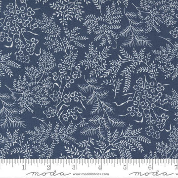 Image of the Nantucket Summer Dots Navy quilting cotton fabric by Camille Roskelley for Moda Fabrics. Features flowers on a blue background. Cute Little Fabric Shop