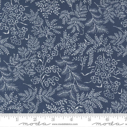 Image of the Nantucket Summer Dots Navy quilting cotton fabric by Camille Roskelley for Moda Fabrics. Features flowers on a blue background. Cute Little Fabric Shop