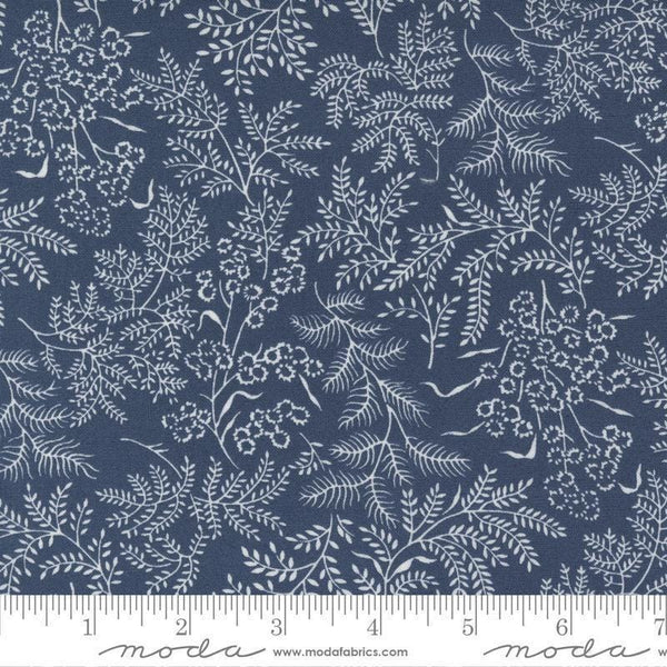 Image of the Nantucket Summer Dots Navy quilting cotton fabric by Camille Roskelley for Moda Fabrics. Features flowers on a blue background. Cute Little Fabric Shop
