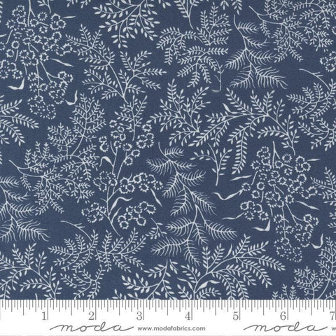 Image of the Nantucket Summer Dots Navy quilting cotton fabric by Camille Roskelley for Moda Fabrics. Features flowers on a blue background. Cute Little Fabric Shop