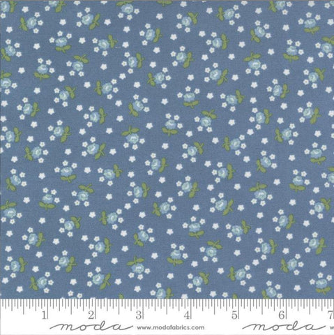 Image of the Nantucket Summer Fairground Lake quilting cotton fabric by Camille Roskelley for Moda Fabrics. Features florals on a blue background. Cute Little Fabric Shop