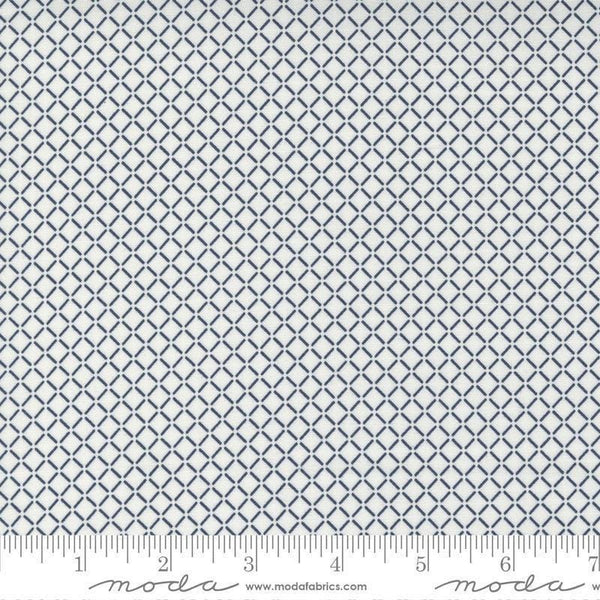 Image of the Nantucket Summer Stripes Cream Navy quilting cotton fabric by Camille Roskelley for Moda Fabrics. Features stripes on a gray background. Cute Little Fabric Shop