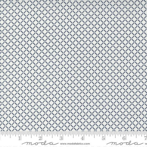 Image of the Nantucket Summer Stripes Cream Navy quilting cotton fabric by Camille Roskelley for Moda Fabrics. Features stripes on a gray background. Cute Little Fabric Shop