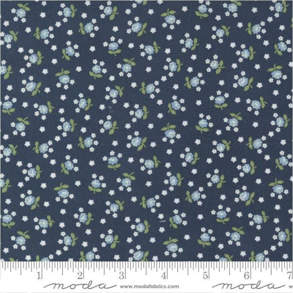 Image of the Nantucket Summer Fairground Navy quilting cotton fabric by Camille Roskelley for Moda Fabrics. Features florals on a blue background. Cute Little Fabric Shop